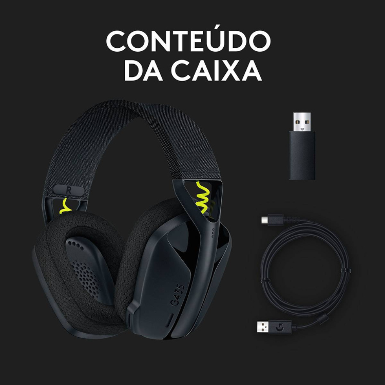Black Logitech G435 wireless gaming headset with yellow accents, USB dongle and cable.