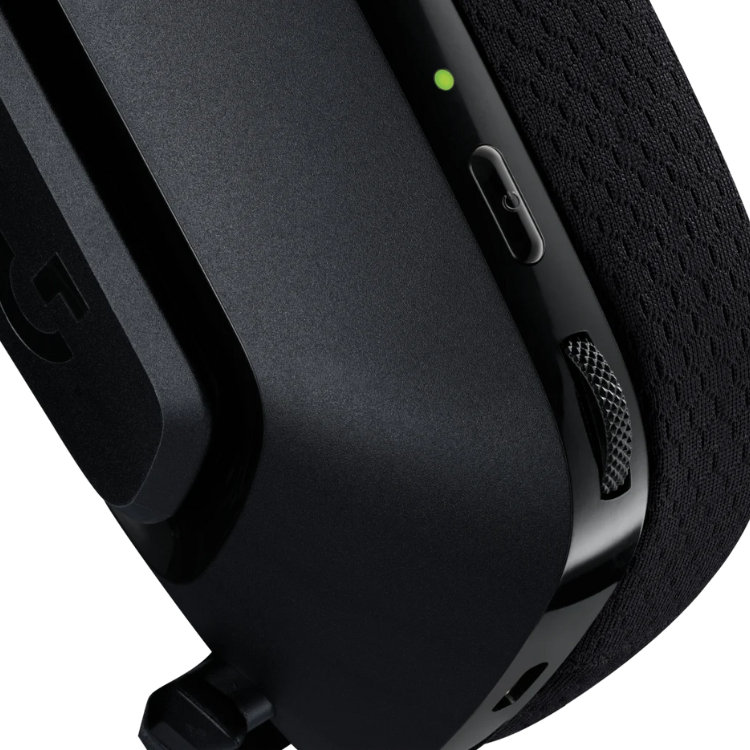 Black Logitech G535 Lightspeed wireless gaming headset, green LED indicator on side.