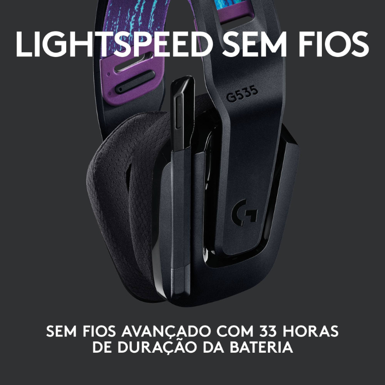 Black Logitech G535 Lightspeed wireless gaming headset with purple accents.