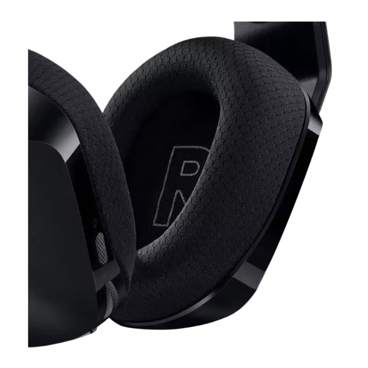 Black Logitech G733 Lightspeed wireless gaming headset with RGB lighting and textured ear cushions.