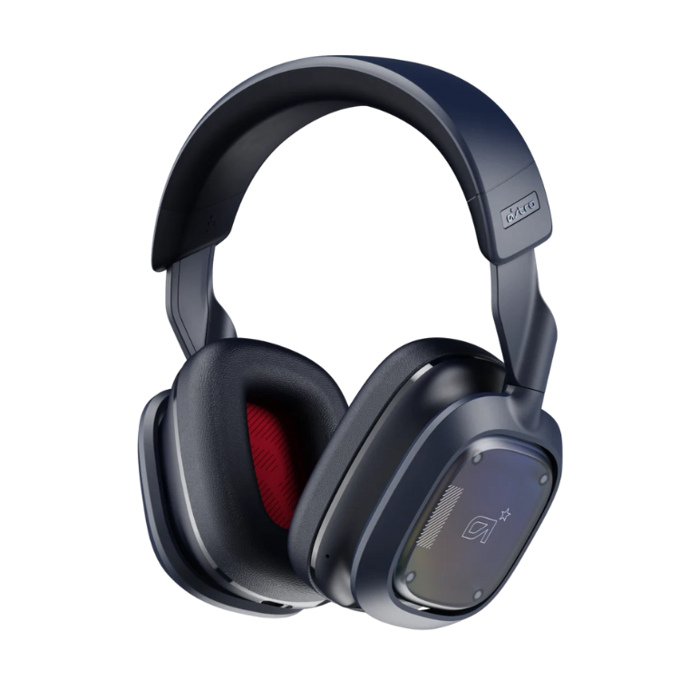 Logitech G Astro A30 wireless gaming headset, azul, black and red ear cushions, G logo on earcup.