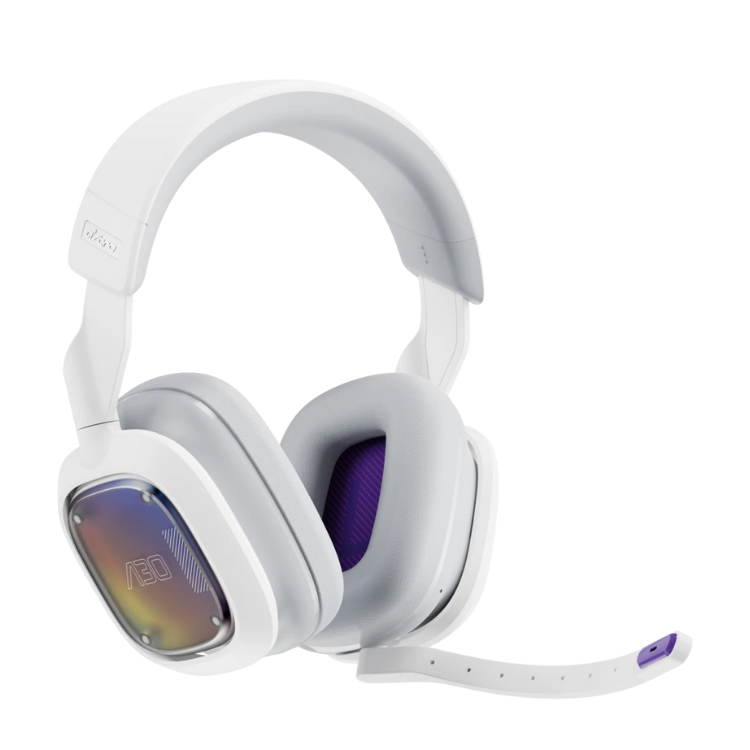 White Logitech G Astro A30 gaming headset with purple accents and rainbow-colored earcup details.