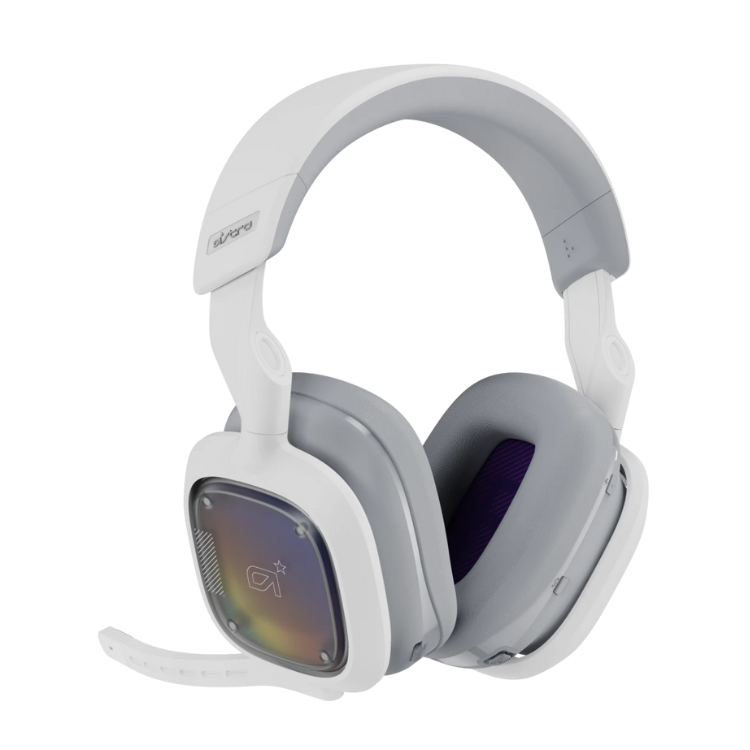 White Logitech G Astro A30 gaming headset with gray accents and rainbow earcup details.