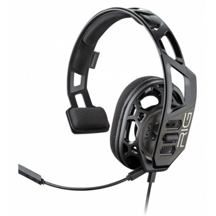 Black Plantronics RIG 100 HC mono gaming headset with microphone cord.