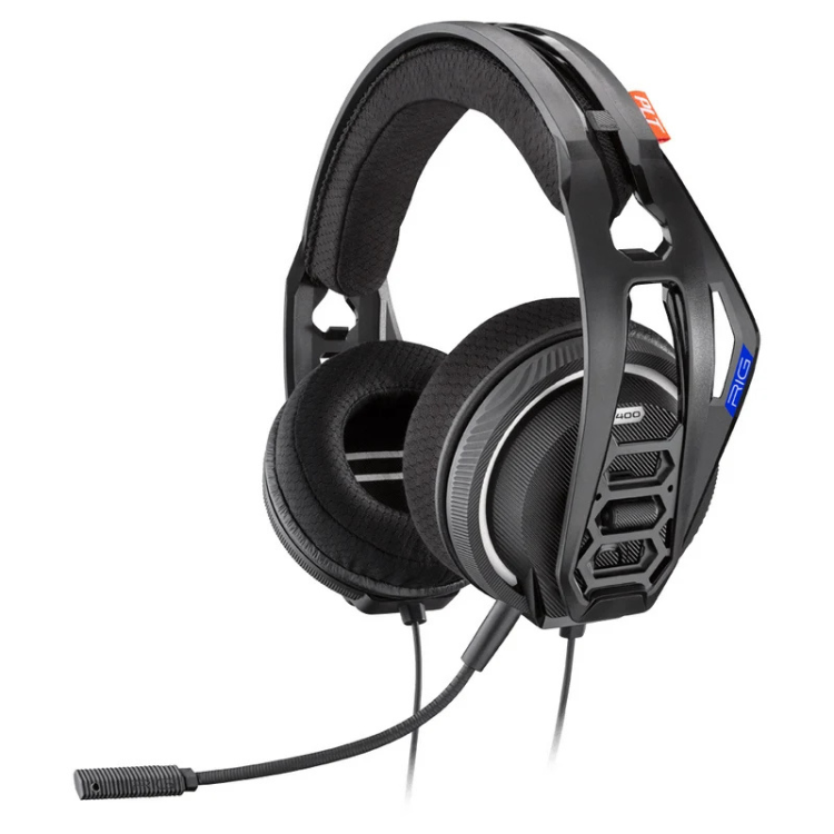 Black Plantronics RIG 400 gaming headset with microphone.