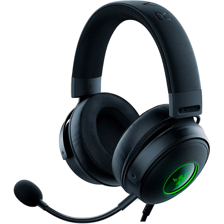 Black Razer Kraken V3 RGB gaming headset with green accents and microphone.