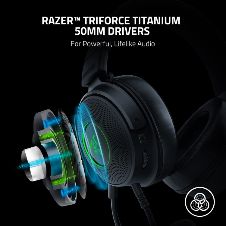Black Razer Kraken V3 gaming headset with RGB lighting and USB-A connector.