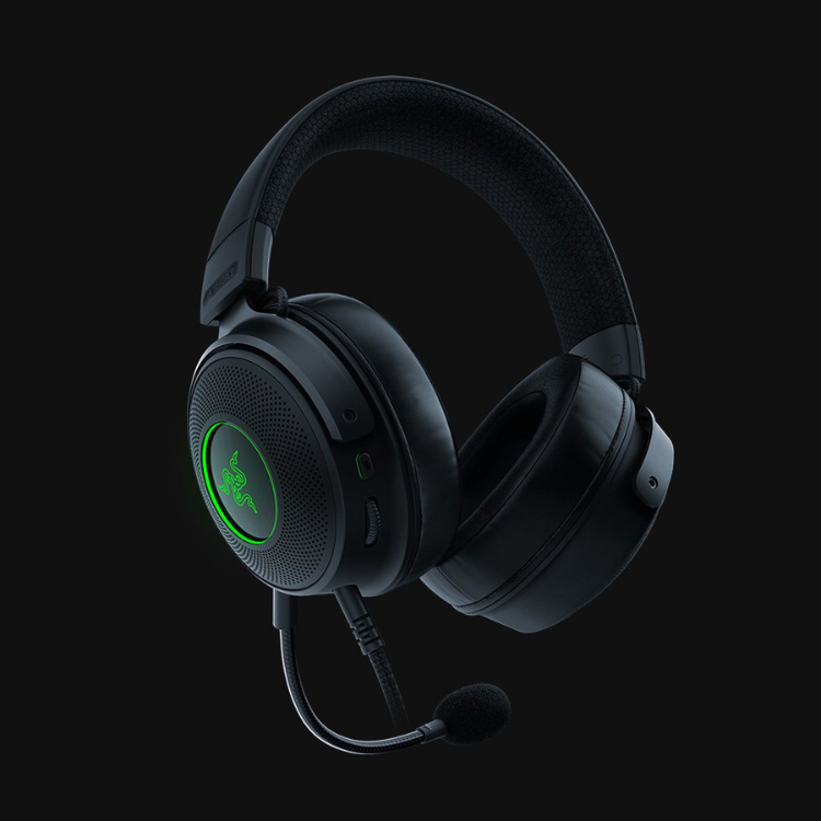 Black Razer Kraken V3 gaming headset with green accents and microphone.