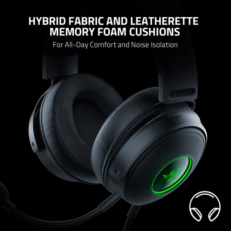 Black Razer Kraken V3 RGB gaming headset with green logo lighting.