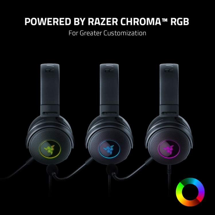 Black Razer Kraken V3 RGB gaming headset with colorful earcup lights.