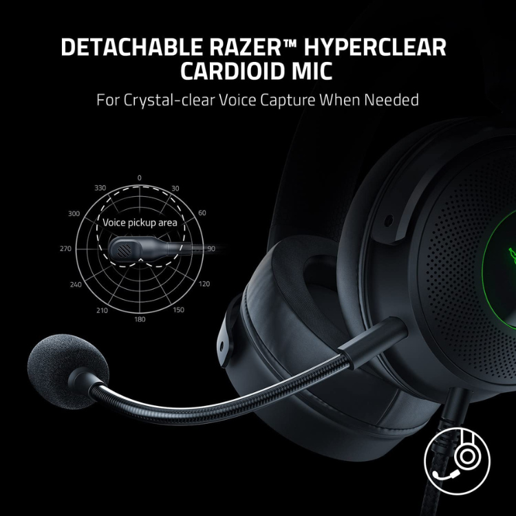 Black Razer gaming headset with green accents, detachable microphone.