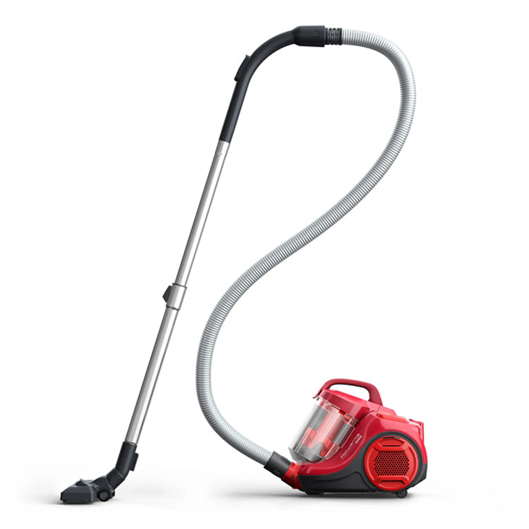 Aspirador sem saco Rowenta 750W vermelho com cabo e tubo alongável.