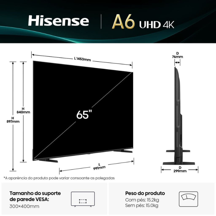 TV Hisense A6Q 65" 4K UHD LED, preto, com dimensões de 1453x840x76mm e peso de 15,2kg.