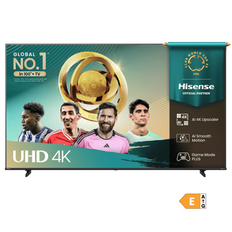 TV LED 4K UHD 65" Hisense A6Q, com jogadores de futebol e logótipo de campeão mundial.
