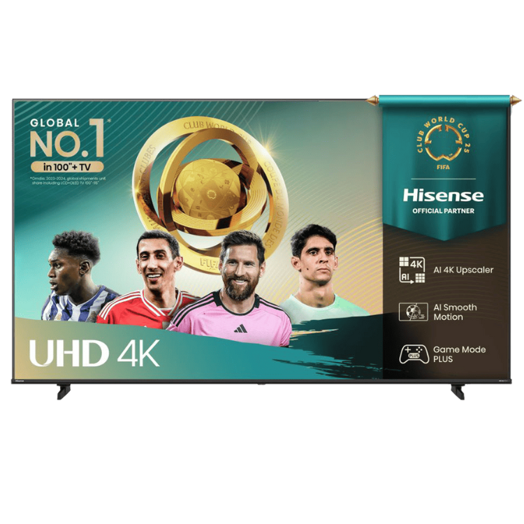 TV LED 4K Hisense 65A6Q, com jogadores de futebol e logótipo de campeão mundial, bandeira com logótipo Hisense.