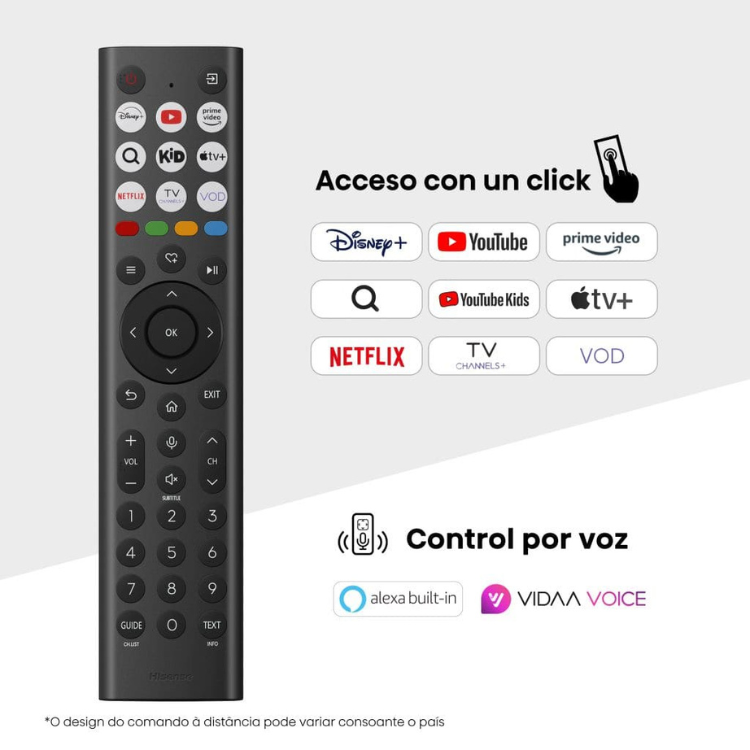 Controlo remoto de televisão Hisense com diversos botões coloridos e logótipos de serviços de streaming.