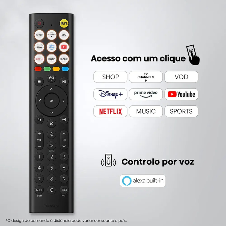 Controlo remoto preto da televisão Hisense com diversos botões e logótipos de serviços de streaming.