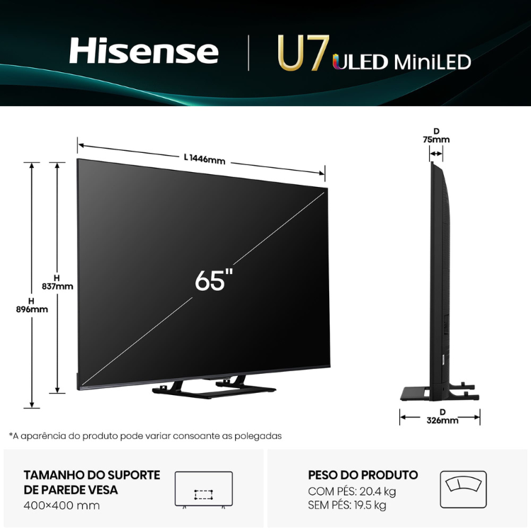 Televisão Hisense U7Q (2025) Smart TV 4K Mini-LED 65"