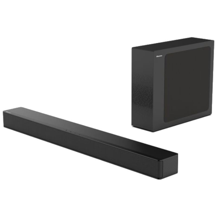 Hisense 2.1 channel soundbar system, 240W, black, with soundbar and wireless subwoofer.