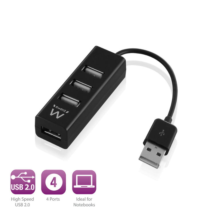 Hub USB 4 Portas USB 2.0 Ewent Preto