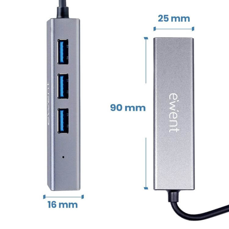 Hub Ewent EW1159 USB-A/C 3 Portas USB-A 3.2 Gen 1 + 1 Porta RJ45 Gigabit