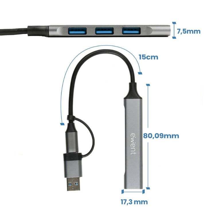 Hub USB-C Ewent EW1154 4x Portas (1x USB-A 3.2 Gen 1 + 3x USB-A 2.0)