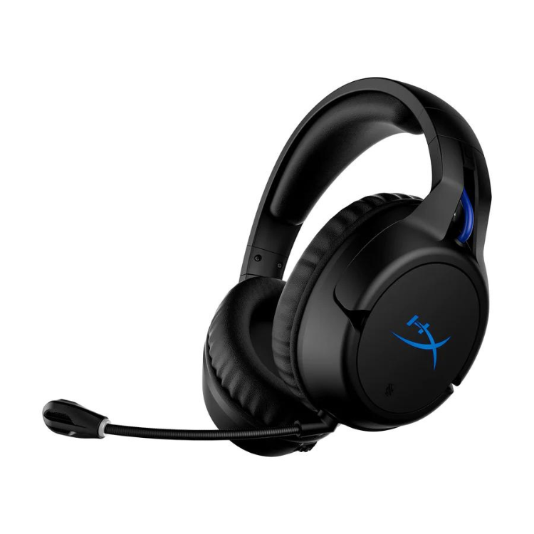 Black HyperX Cloud Flight wireless gaming headset with blue accents and microphone.