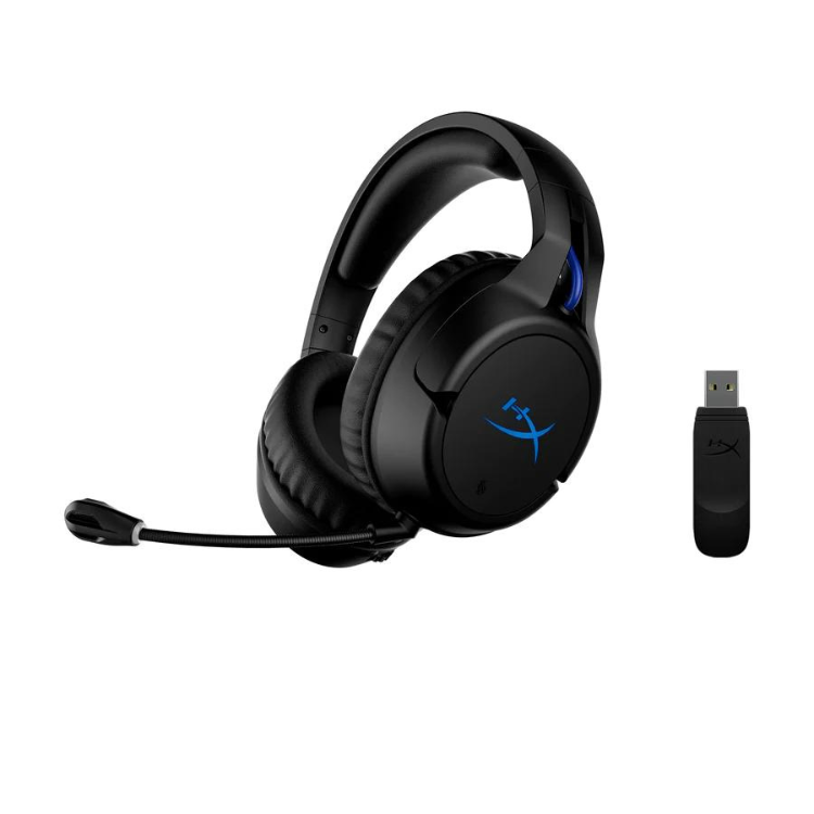 Black HyperX Cloud Flight wireless gaming headset with blue accents and USB transmitter.