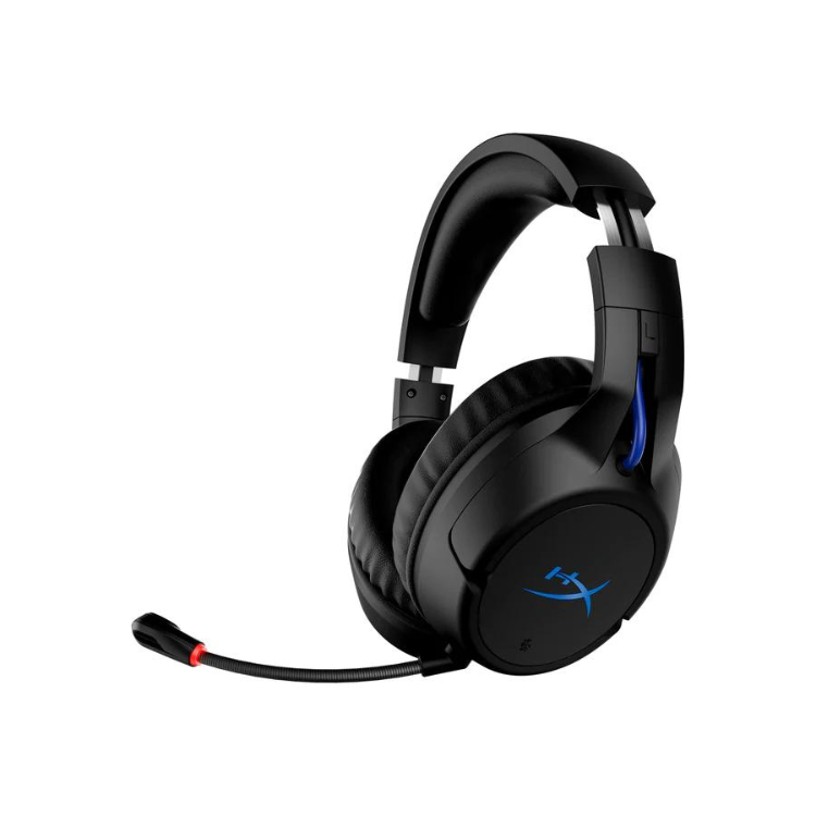 Black HyperX Cloud Flight wireless gaming headset with blue accents and microphone.