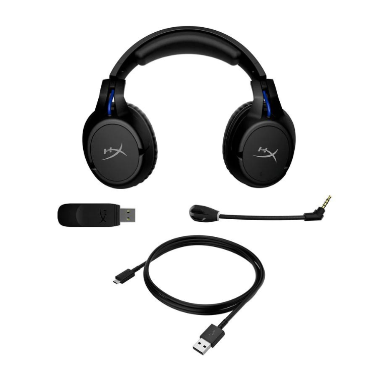 Black HyperX Cloud Flight wireless gaming headset with accessories.