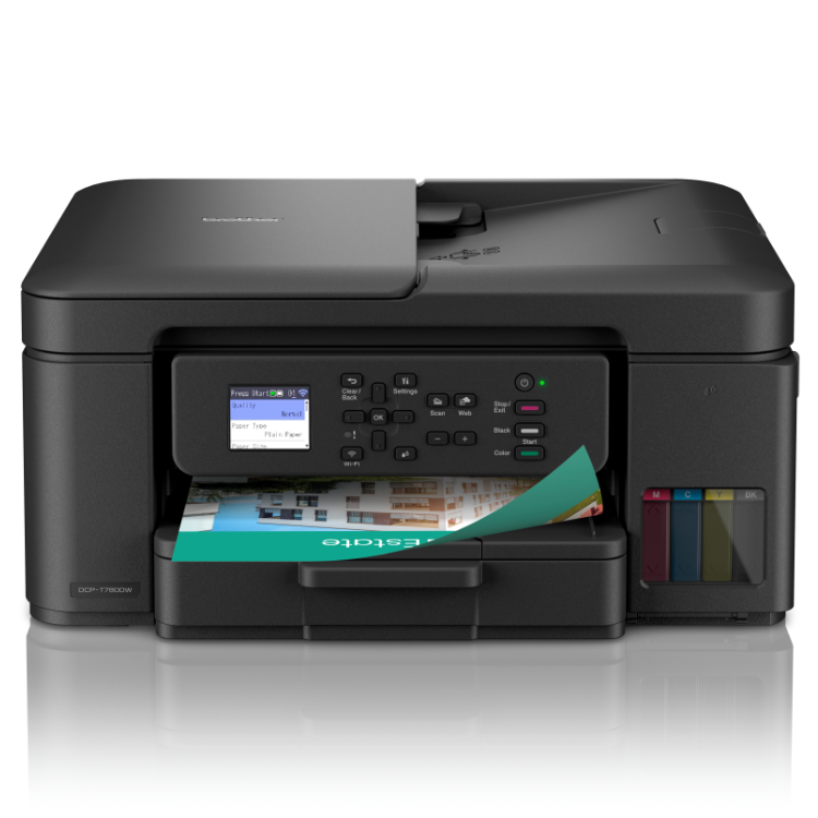 Brother DCP-T780DW black inkjet multifunction printer with Wi-Fi, paper tray open.