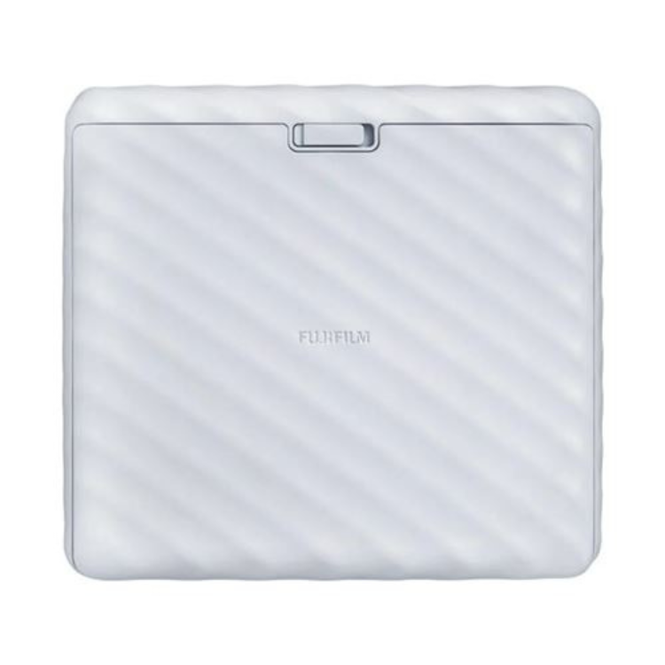 Fujifilm Instax Link Wide printer, white, diagonal stripes, FUJIFILM logo.