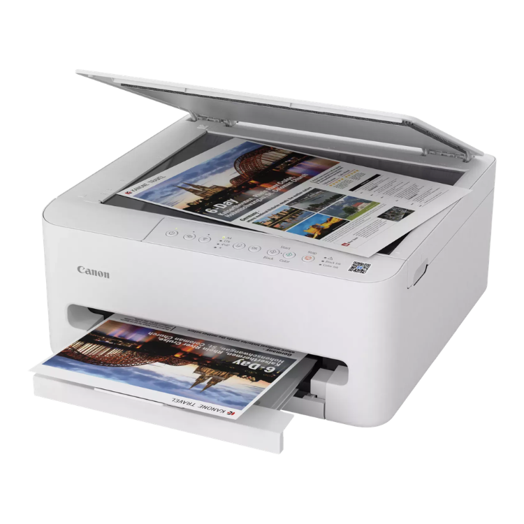 Canon Pixma TS4150i white inkjet multifunction printer with open top and paper tray extended.