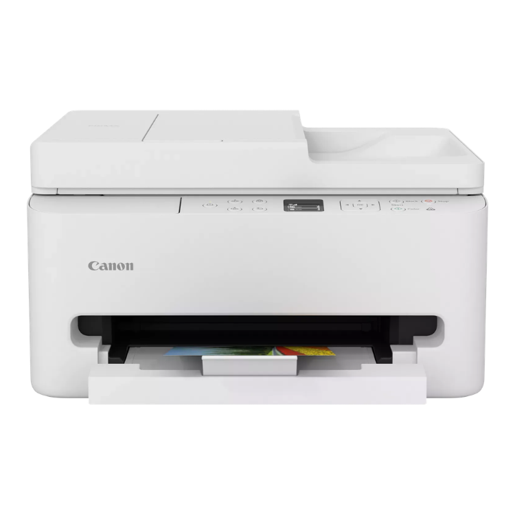 Canon Pixma TS7550i white inkjet multifunction printer with open paper tray.