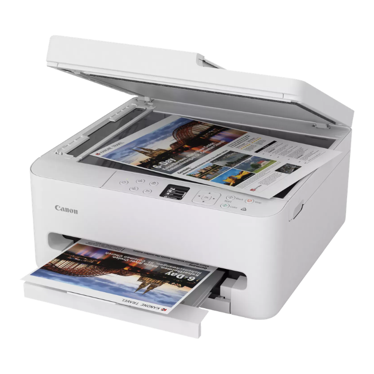 Canon Pixma TS7550i white inkjet printer, duplex, color, printing photo.