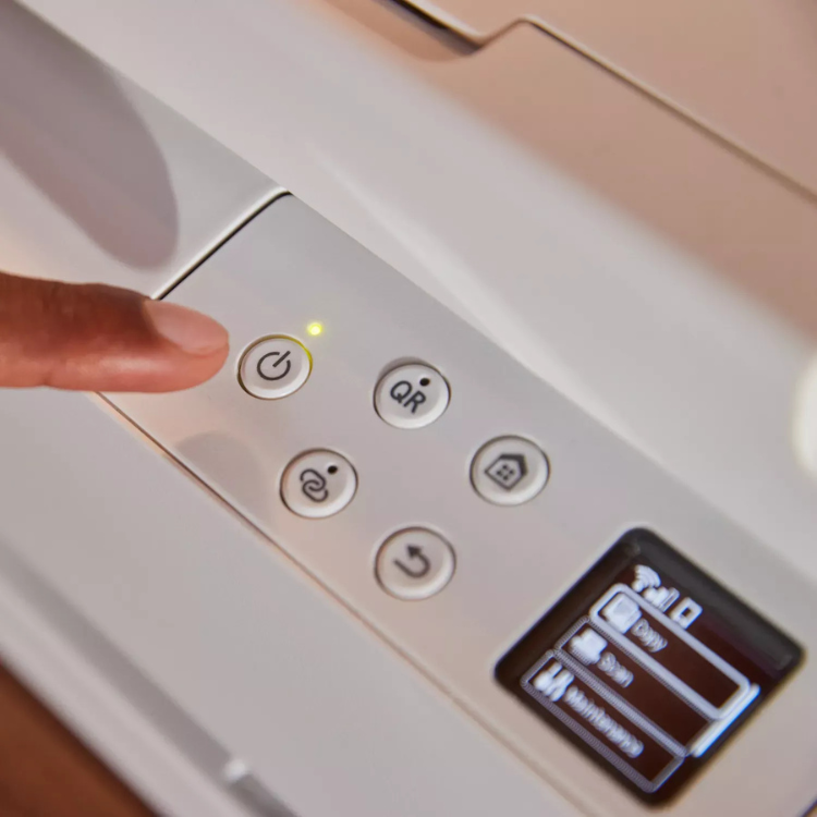 Canon Pixma TS7550i white inkjet printer control panel with buttons and LCD screen.