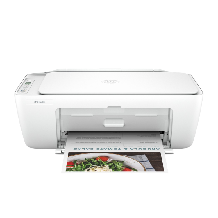 White HP DeskJet 2810E printer with paper tray extended, printing salad recipe.