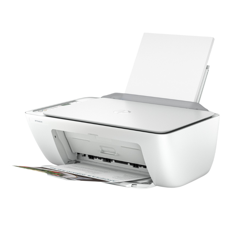 HP DeskJet 2810E white all-in-one printer with open lid and paper tray extended.