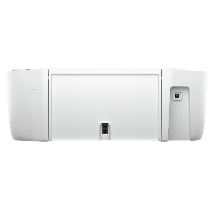 White HP Deskjet 2810E all-in-one printer, rear view showing USB and other ports.