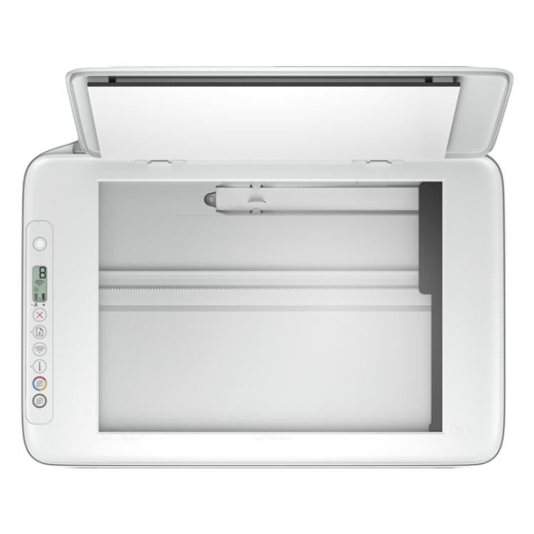 HP Deskjet 2810E white all-in-one printer, open top, control panel on left.