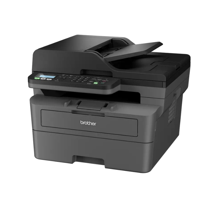 Black Brother MFC-L2800DW laser multifunction printer with Wi-Fi, open top tray.