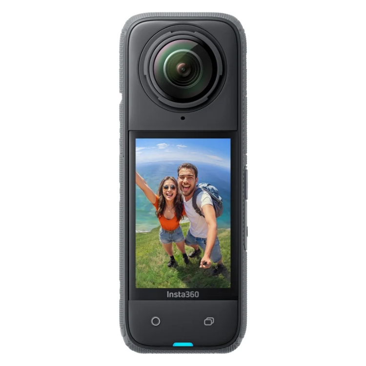 Black Insta360 X4 action camera with screen showing a couple taking a selfie.