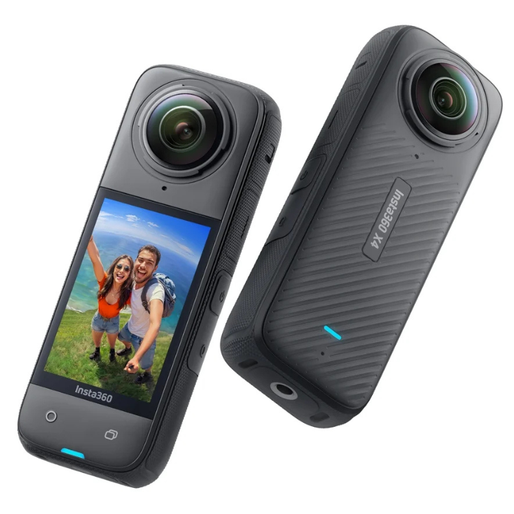 Black Insta360 X4 action camera, one shown from front with screen displaying couple, other from back with textured surface and Insta360 X4 logo.
