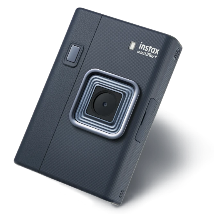 Fujifilm Instax Mini LiPlay+ blue instant camera with lens and buttons visible.