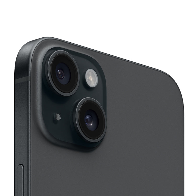 iPhone 15 preto, 128GB, com duas câmeras traseiras.