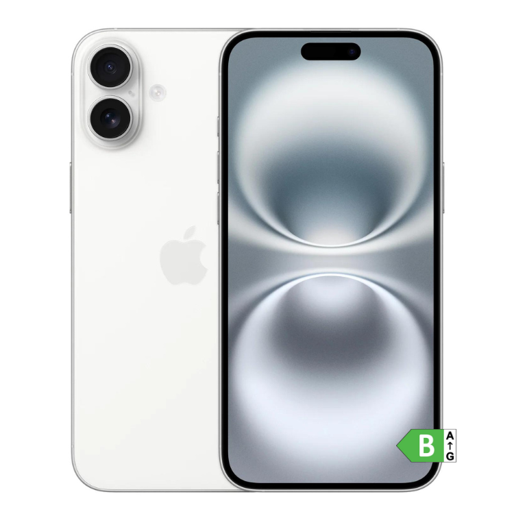 iPhone 16 branco 128GB, vista frontal e traseira, com duas câmeras e logotipo Apple.