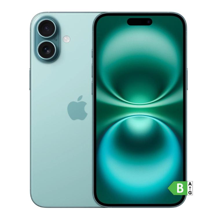 iPhone 16, cor Teal, 128GB, ecrã OLED, câmaras duplas, marca Apple.