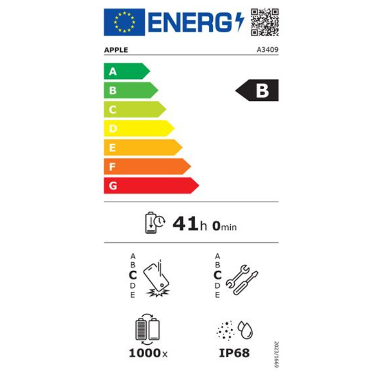 Etiqueta energética do iPhone 16e, classificação B, bateria 41h, resistência IP68.