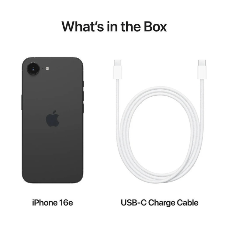 iPhone 16e Apple 128GB Preto, smartphone com ecrã e processador não visíveis, câmara dupla e logotipo Apple.
