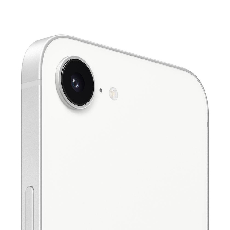 iPhone 16e 128GB Branco, smartphone com ecrã não visível, processador não visível, câmara traseira simples.
